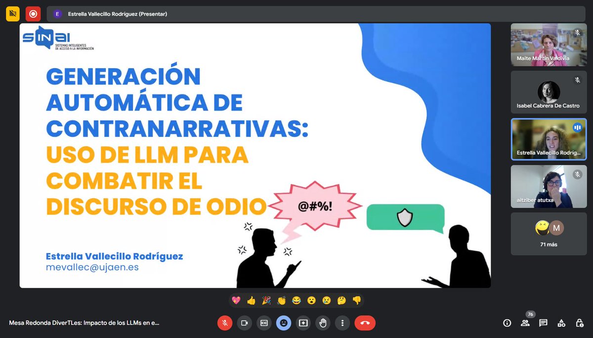 Mesa Redonda "Impacto de los LLMs en escenarios reales" organizado por <a href="/DiverTLesPLN/">DiverTLes</a> 
Y por último, pero no menos interesante, <a href="/EstrellaVR15/">Estrella15</a> del <a href="/NLP_SINAI/">NLP_SINAI</a> nos presenta un caso real de aplicación de #LLMs con contranarrativas