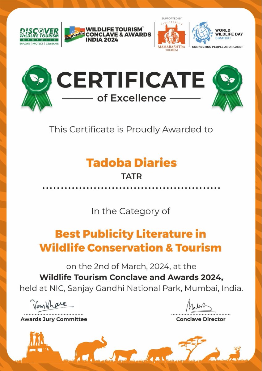 Happy to share that the monthly official newsletter of Tadoba-Andhari Tiger Reserve- 'Tadoba Diaries' has been awarded the 'Best Publicity Literature in Wildlife Conservation & Tourism' award at the Wildlife Tourism Conclave & Awards 2024 held in Mumbai on March 1-3, 2024.