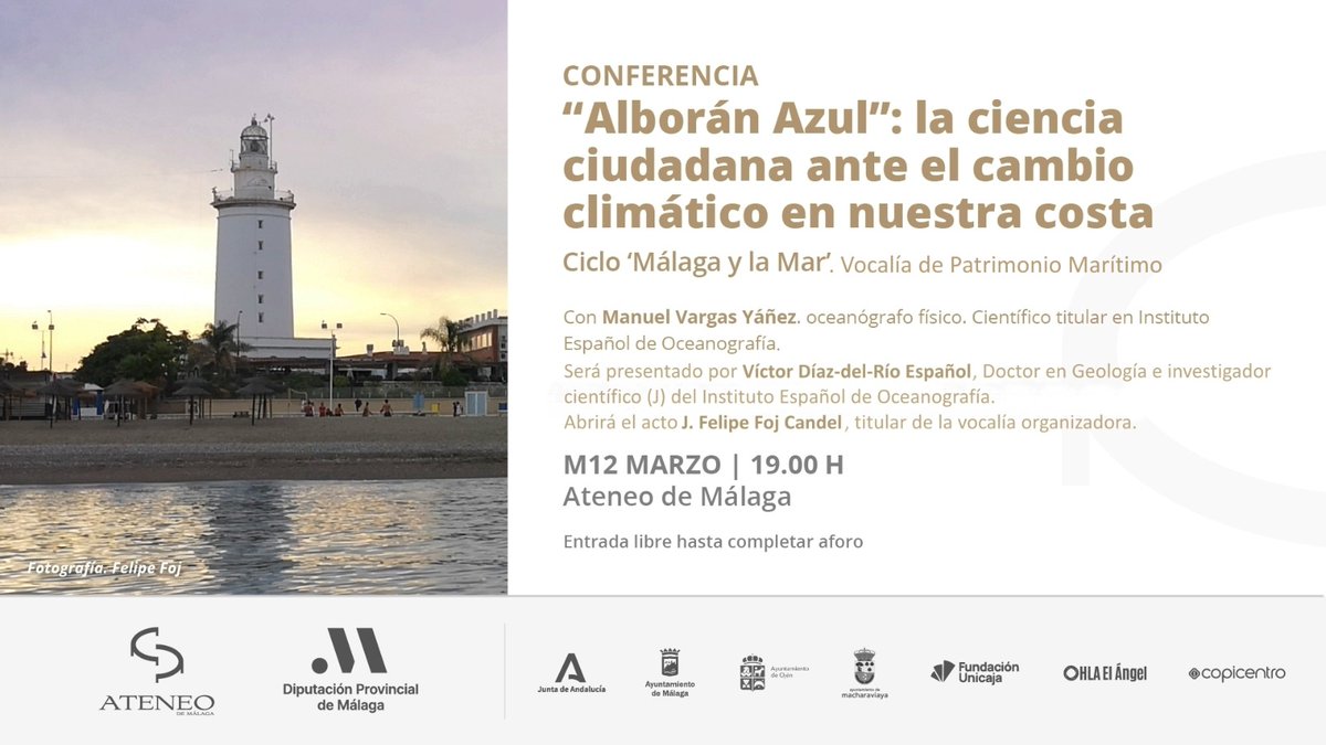 El próximo martes, 12 de marzo, a las 19:00 h en el Ateneo de Málaga, podremos conocer algo más sobre el proyecto de ciencia ciudadana: Alborán Azul y adentrarnos de forma divulgativa en la oceanografía, el cambio climático y las aguas que bañan la costa malagueña ¡Os esperamos!