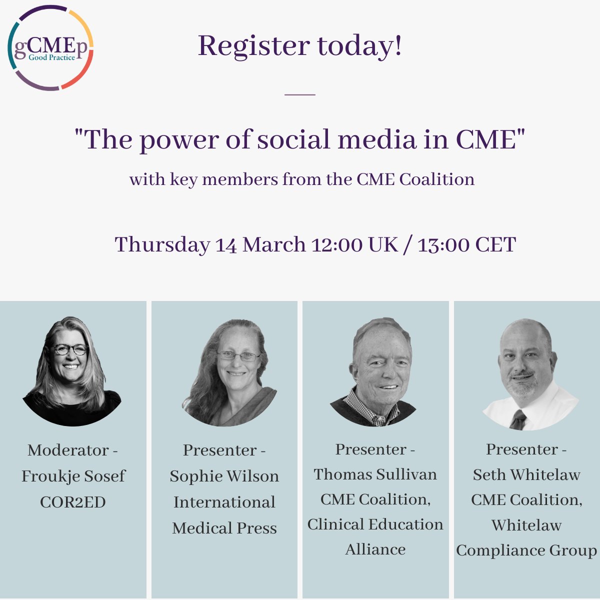 📣Free webinar: 'The power of social media in CME'📣 ➡️ A discussion on how the recent CME Coalition Social Media Compliance Guide could affect European & global practices in CME-CPD. 📆Thu 14 March 🕛 12:00 UK/13:00 CET Sign up >> ow.ly/OuHi50QNpKq #MedEd #CME