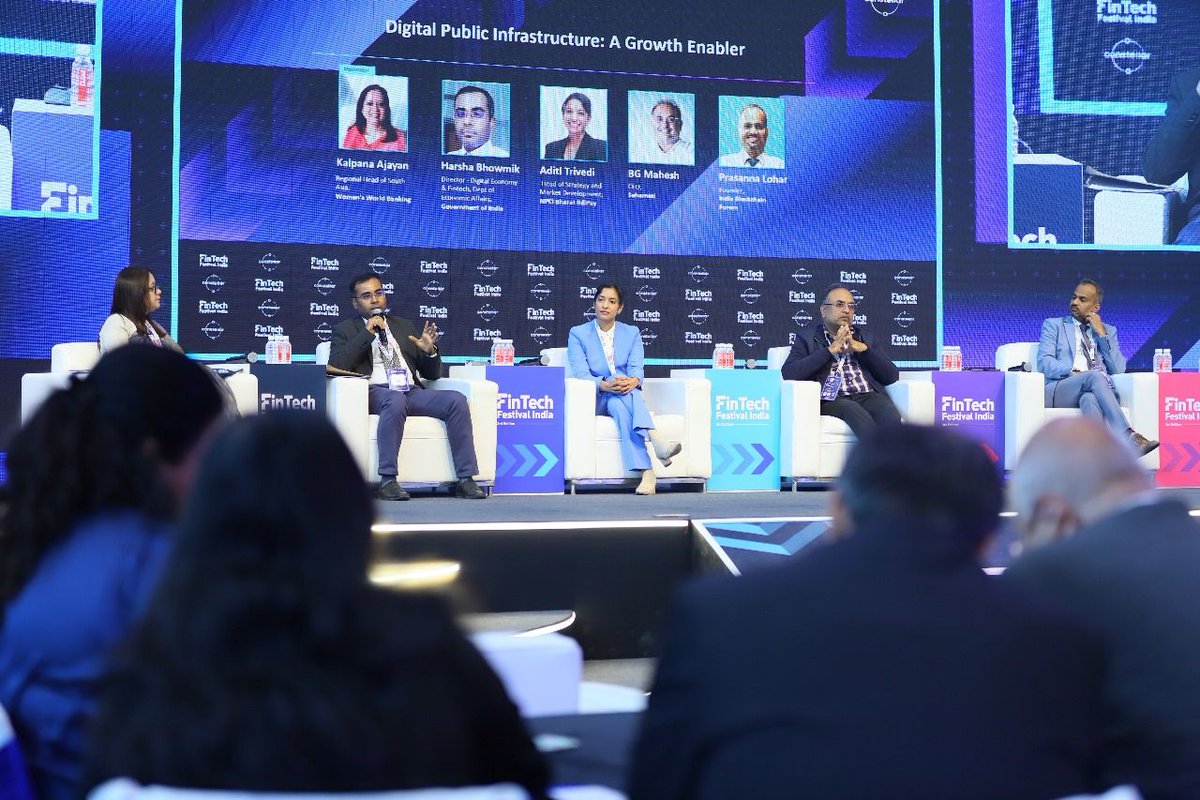 FinTech Festival India (@ffi_fintechfest) on Twitter photo Kalpana Ajayan-<a href="/womensworldbnkg/">Women's World Banking</a>; BG Mahesh- <a href="/sahamati/">Sahamati</a>; Harsha Bhowmik- <a href="/mygovindia/">MyGovIndia</a>; Aditi Trivedi, Head of Strategy and Market Development, <a href="/NPCI_NPCI/">NPCI</a>. Prasanna Lohar, Founder, <a href="/Ind_Block_Forum/">IndiaBlockchainForum</a> for joining us in discussing Digital Public Infrastructure: A Growth Enabler. Kalpana Ajayan-<a href="/womensworldbnkg/">Women's World Banking</a>; BG Mahesh- <a href="/sahamati/">Sahamati</a>; Harsha Bhowmik- <a href="/mygovindia/">MyGovIndia</a>; Aditi Trivedi, Head of Strategy and Market Development, <a href="/NPCI_NPCI/">NPCI</a>. Prasanna Lohar, Founder, <a href="/Ind_Block_Forum/">IndiaBlockchainForum</a> for joining us in discussing Digital Public Infrastructure: A Growth Enabler.