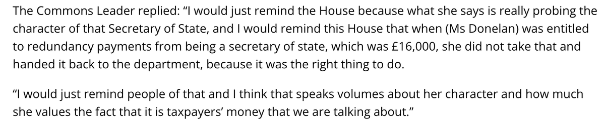 Commendably creative defence of Michelle Donelan for running up a £15,000 taxpayer-funded libel* bill from Penny Mordaunt – Donelan's decision to decline redundancy pay after serving about 36 hours as education secretary 'speaks volumes about her character'.