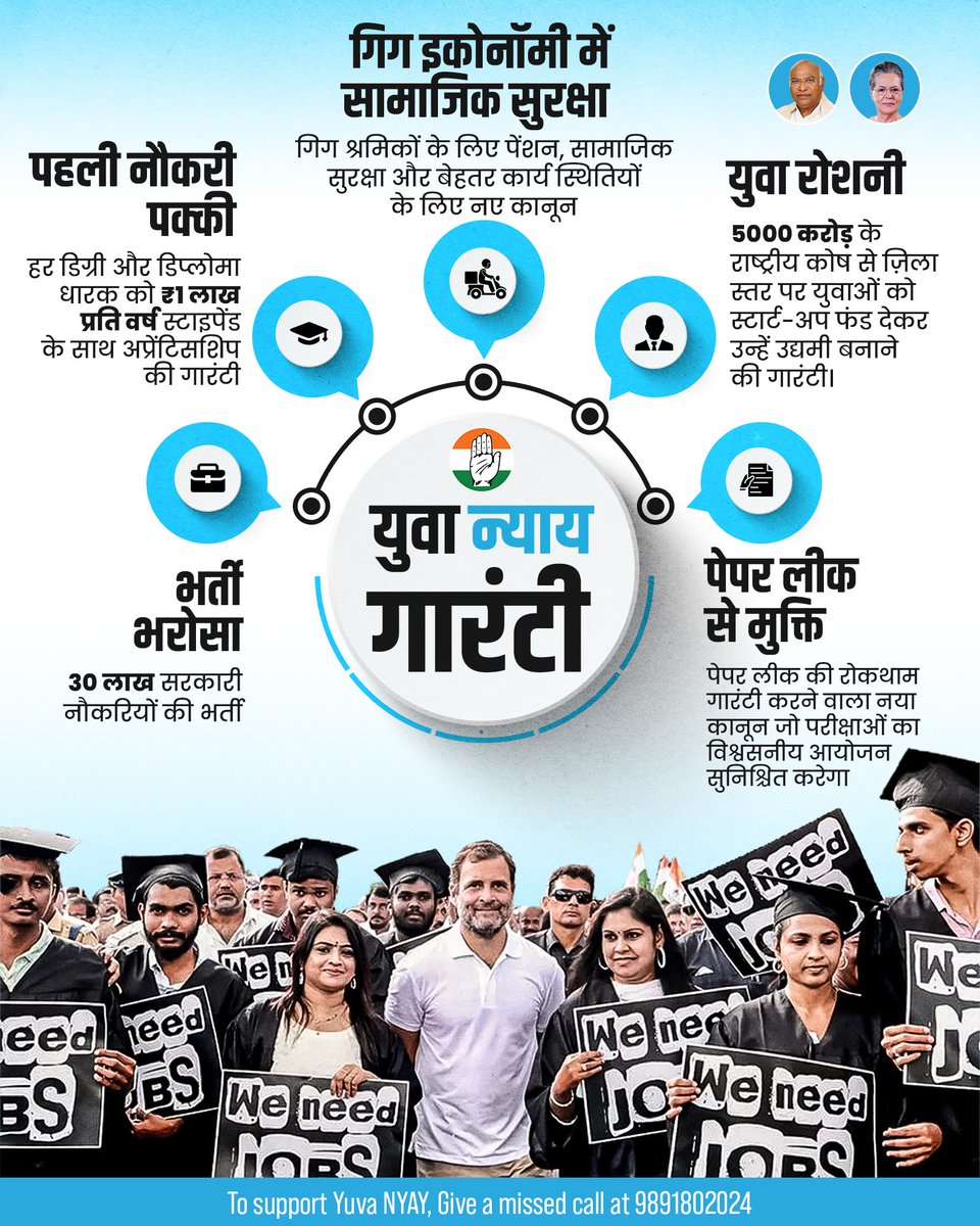 <a href="/RahulGandhi/">Rahul Gandhi</a> देश के युवाओं! 

कांग्रेस आपको 5 ऐतिहासिक गारंटियां दे रही है जो आपकी तकदीर बदल देगी।

1. भर्ती भरोसा : 30 लाख सरकारी पदों पर तत्काल स्थायी नियुक्ति की गारंटी।

2. पहली नौकरी पक्की : हर ग्रेजुएट और डिप्लोमाधारी को एक लाख रू प्रतिवर्ष स्टाइपेंड के अप्रेंटिसशिप की गारंटी।

3. पेपर