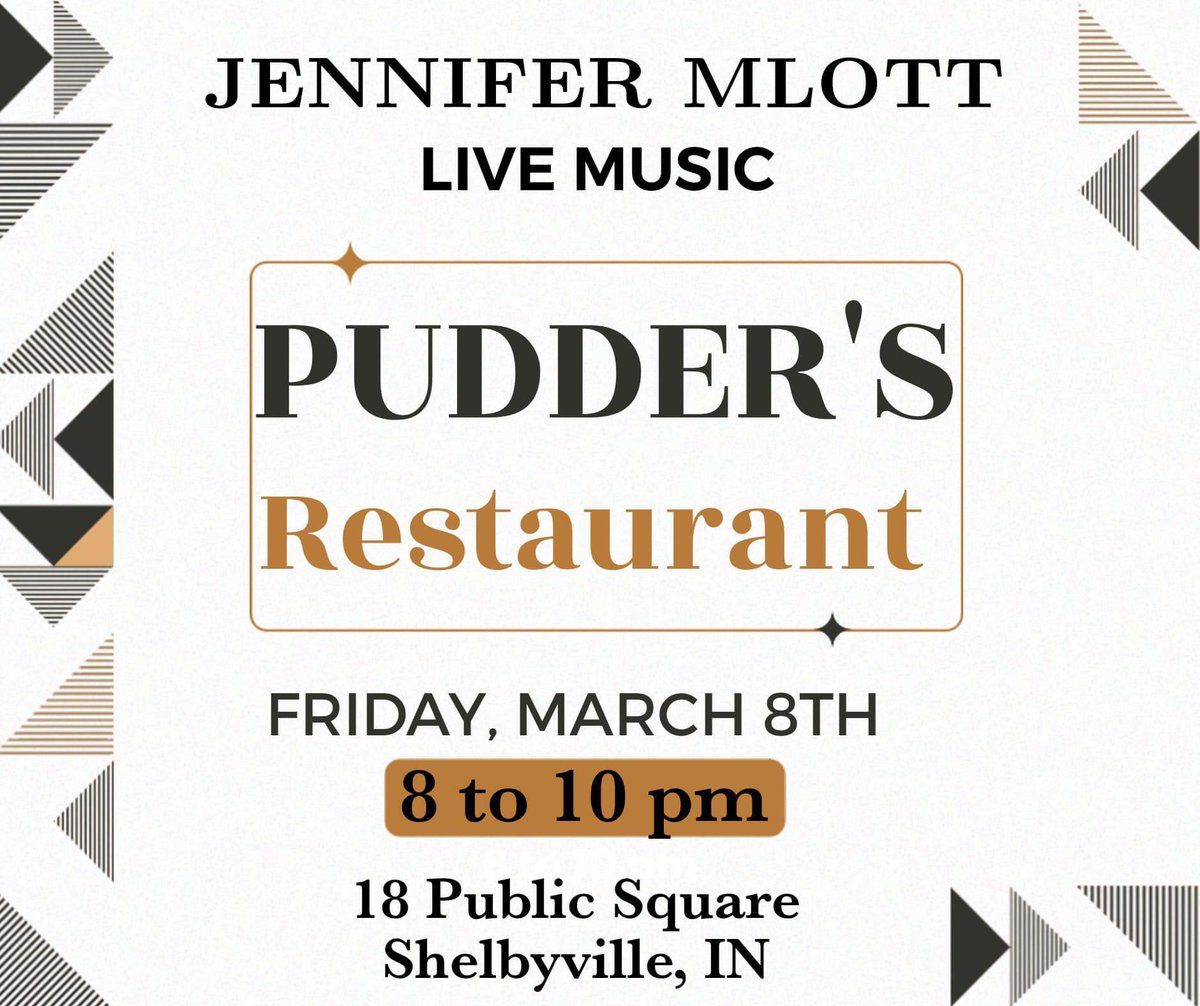 Tomorrow Night! Join me in Shelbyville, IN at Pudder's ! Great food, drinks and live music! It's gonna be fun! See you there! #jennifermlottmusic jennifermlott.com