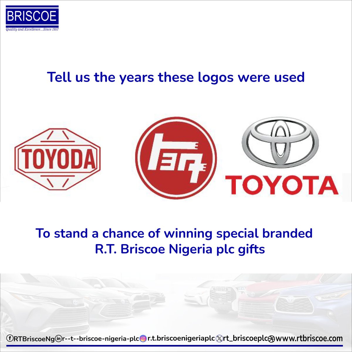 Tell us the years these logos were used by Toyota to stand a chance of winning special branded R.T. Briscoe Nigeria Plc gifts.

#toyota #rtbriscoenigeriaplc #brand #brandidentity #thursday #tbt #followforfollowback #growth #follow