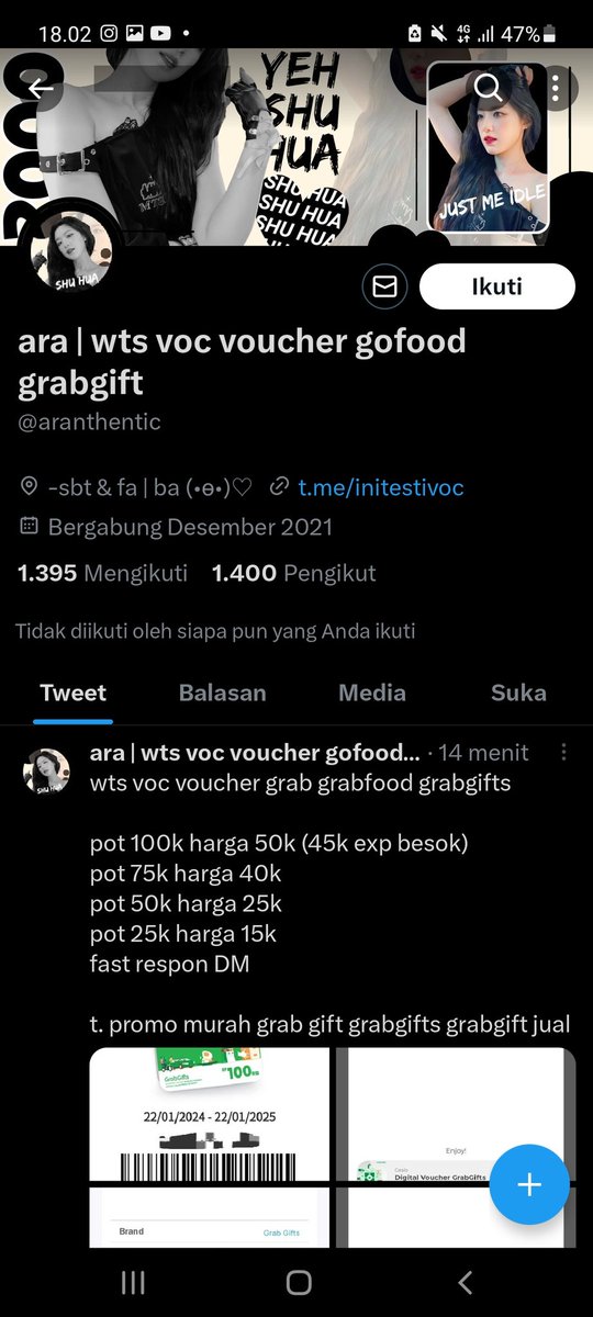 junhgyeok's tweet photo. ❗❗HELP RT PENIPU VOUCHER GOJEK❗❗

temenku mau beli voucher potongan gojek, pas udah tf langsung diblok!!! ini akunnya @aranthentic !!! BANTU SEBAR YAA BIAR GAADA YANG KENA LAGIII!!!

#zonauang #zonajajan #zonaba https://t.co/qMPjrHCB4v