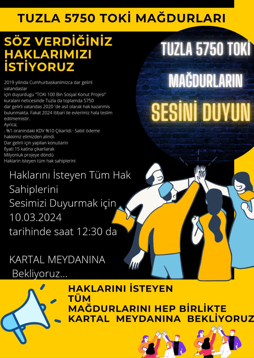 Pazar günü basın aciklamamiz için bekliyor olacağız haklarımizi alana kadar durmak yok <a href="/RTErdogan/">Recep Tayyip Erdoğan</a> <a href="/mehmetozhaseki/">Mehmet Özhaseki</a> <a href="/Toki_Kurumsal/">TOKİ</a> <a href="/murat_kurum/">Murat KURUM</a> <a href="/csbgovtr/">T.C. Çevre, Şehircilik ve İklim Dğş. Bakanlığı</a> #tokimağdurları #Toki100BinSosyalKonut #tuzla5750magdurları #Tuzla100BinSosyalKonut #toki #pazar