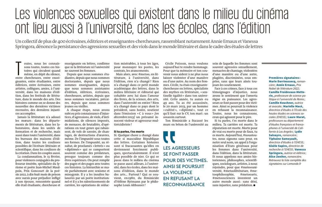 Je reprends les termes de @CMarcandier Signataire, évidemment. En tant que professeure des universités, éditrice et femme.
Et merci aux 399 sœurs signataires.