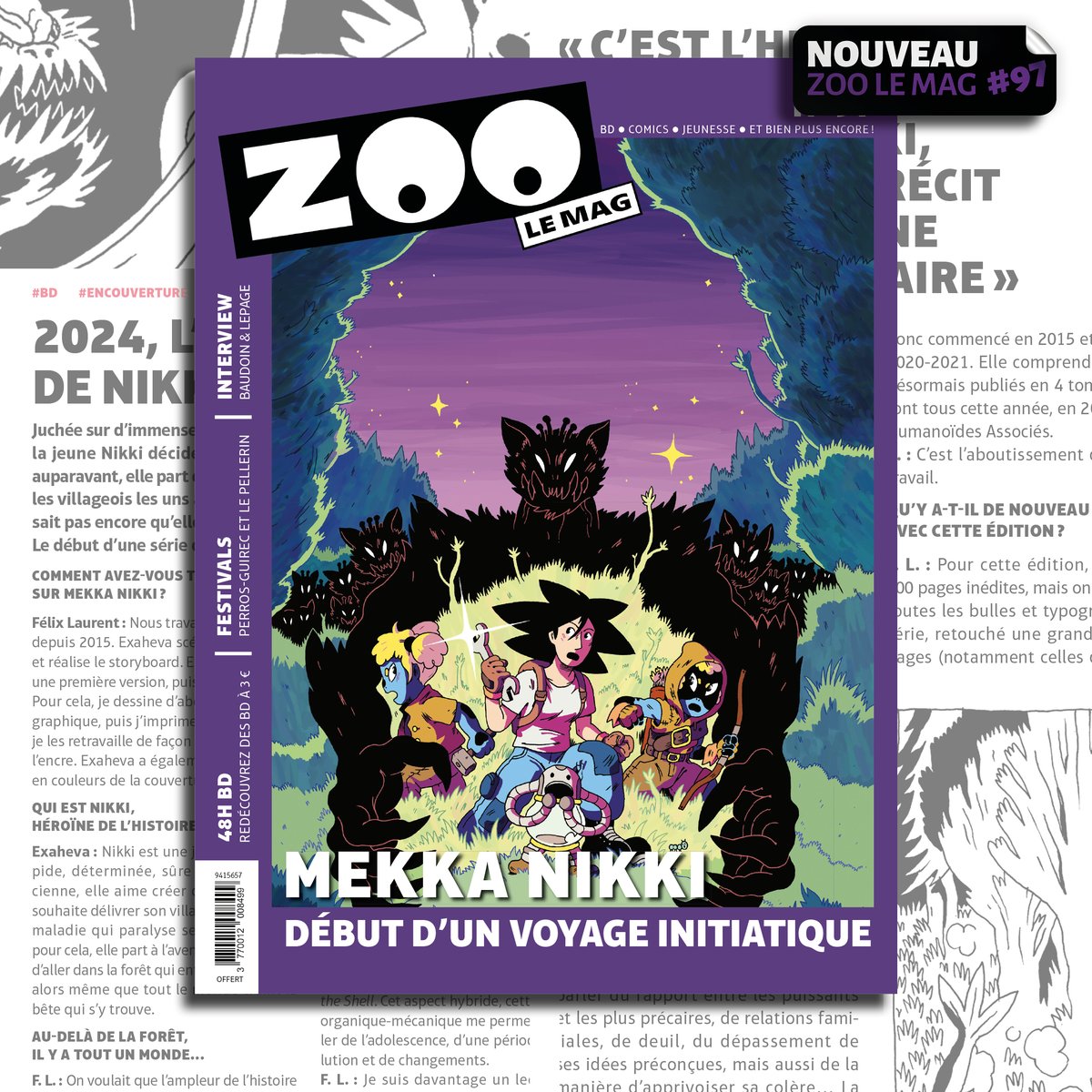 📷 Le mag ZOO n°97 arrive avec les beaux jours ainsi que les @48H_BD. Foncez chez nos partenaires libraires pour avoir au plus vite un des 70 000 exemplaires du Mag ! En couverture, Mekka Nikki aux éditions @leshumanos.