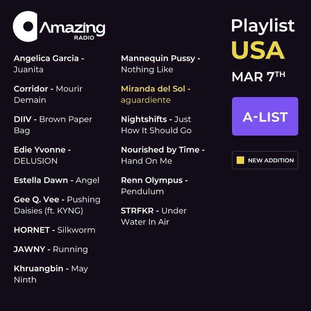 AmazingRadioUSA's tweet photo. The new additions to the @AmazingRadioUSA playlist are: #AbstractMindState, @beenstellar, @bleachersmusic, @BlushingBand, @cumgirl_, @the_Eels, #Errance, @lonekodiak, @mirandadelsol, @PrimeSoc, @punchlovemusic, #shainahayes, #SixthHous, @St_Vincent, #Trinket & @youbetband! https://t.co/nJ8x6gsw29