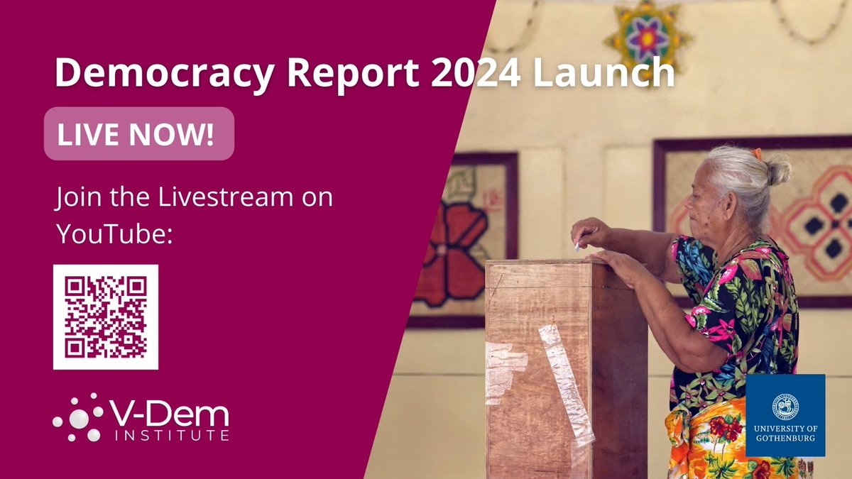 LIVE NOW: #DemocracyReport2024 Launch @StaffanILindber presents the #DR24 findings. Commentators: @AgnesCallamard @amnesty, @KevinCasasZ @Int_IDEA; @quinnmck @article19org, and @adrianshahbaz @freedomhouse Watch: shorturl.at/efvx5