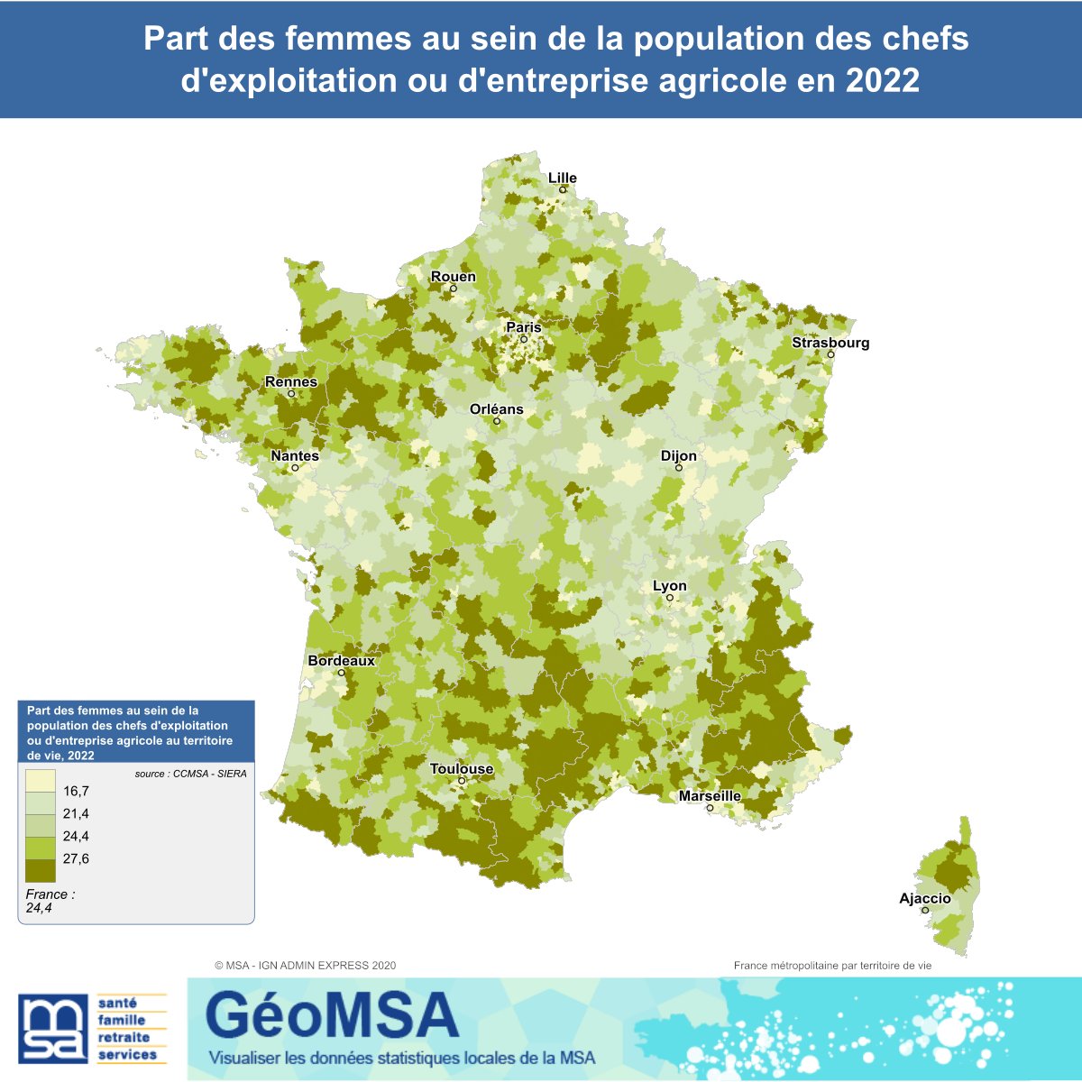 🗺️#JourneeDesDroitsDesFemmes | En 2022, un quart des chefs d’exploitation ou d'entreprise agricole était des femmes
➡️geomsa.msa.fr/#c=indicator&i…
#MSA #Agriculture #GéoMSA
<a href="/Agri_Gouv/">Ministère Agriculture et Souveraineté alimentaire</a> <a href="/AgriGoodNews/">AgriGoodNews</a> <a href="/Fragritwittos/">FranceAgritwittos♥️</a>