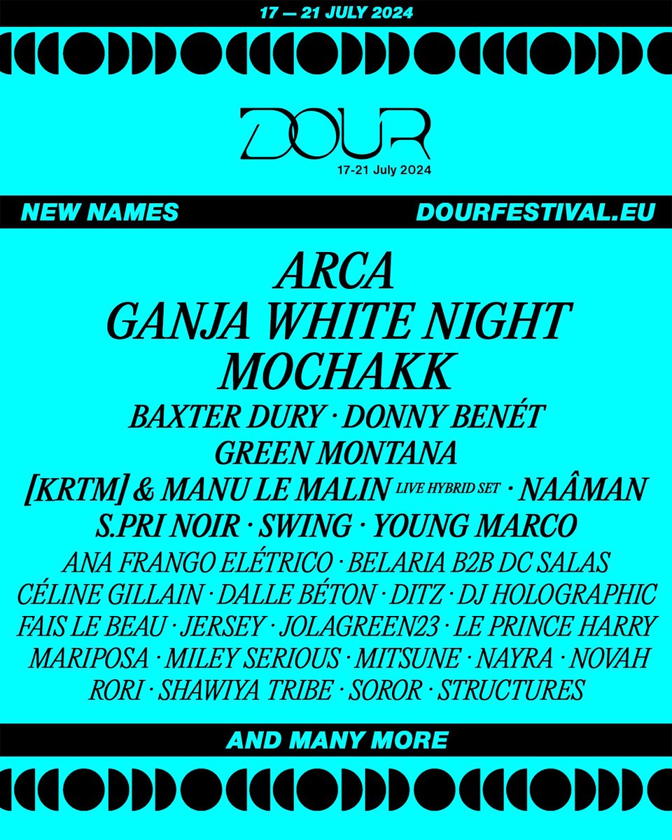 30 artistes rejoignent aujourd'hui la programmation de #dour2024 🥵 Avec la queen Arca, les local heroes de la bass music Ganja White Night, le phénomène Mochakk et pleeeein d'autres 💥💥💥