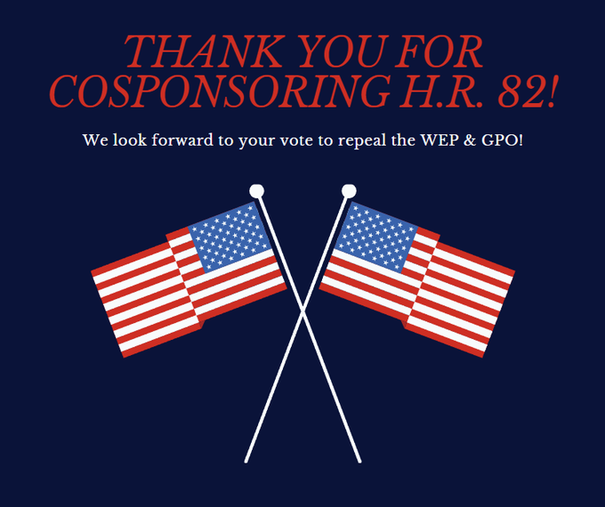 @RepMeuser, thank you for cosponsoring H.R. 82! Your support is heartfelt! Let's #EliminateWEPGPO together!