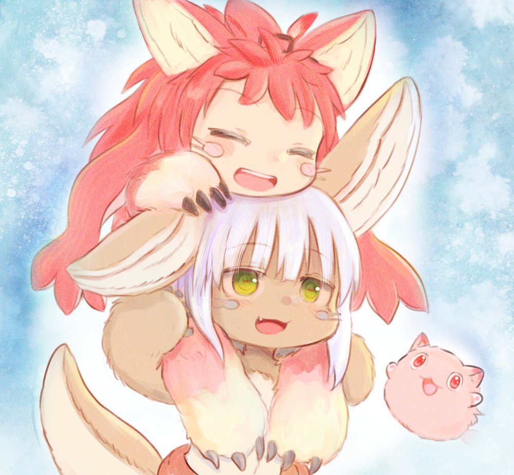nanachi (made in abyss) animal ears furry open mouth smile red hair green eyes closed eyes  illustration images