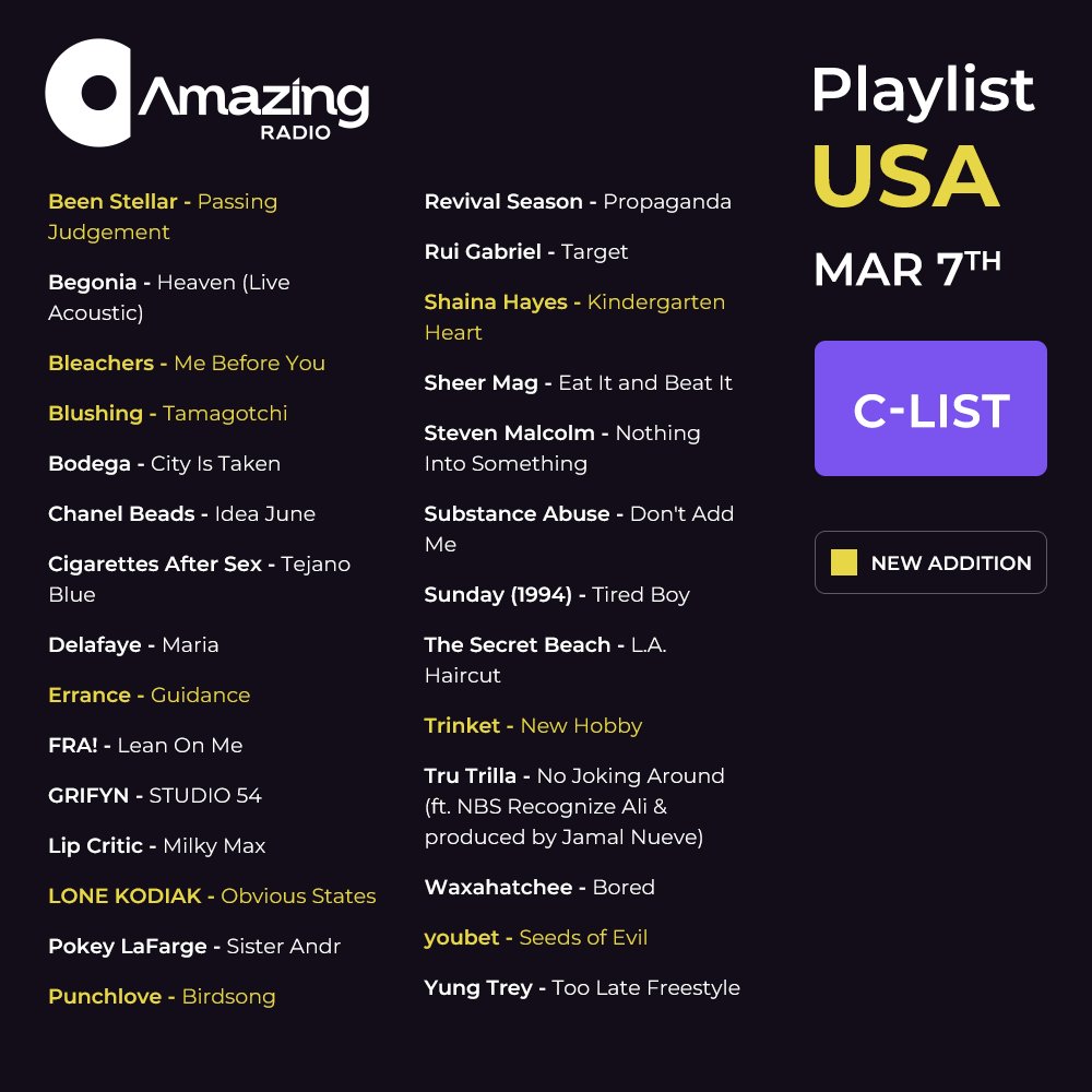 AmazingRadioUSA's tweet photo. The new additions to the @AmazingRadioUSA playlist are: #AbstractMindState, @beenstellar, @bleachersmusic, @BlushingBand, @cumgirl_, @the_Eels, #Errance, @lonekodiak, @mirandadelsol, @PrimeSoc, @punchlovemusic, #shainahayes, #SixthHous, @St_Vincent, #Trinket & @youbetband! https://t.co/nJ8x6gsw29