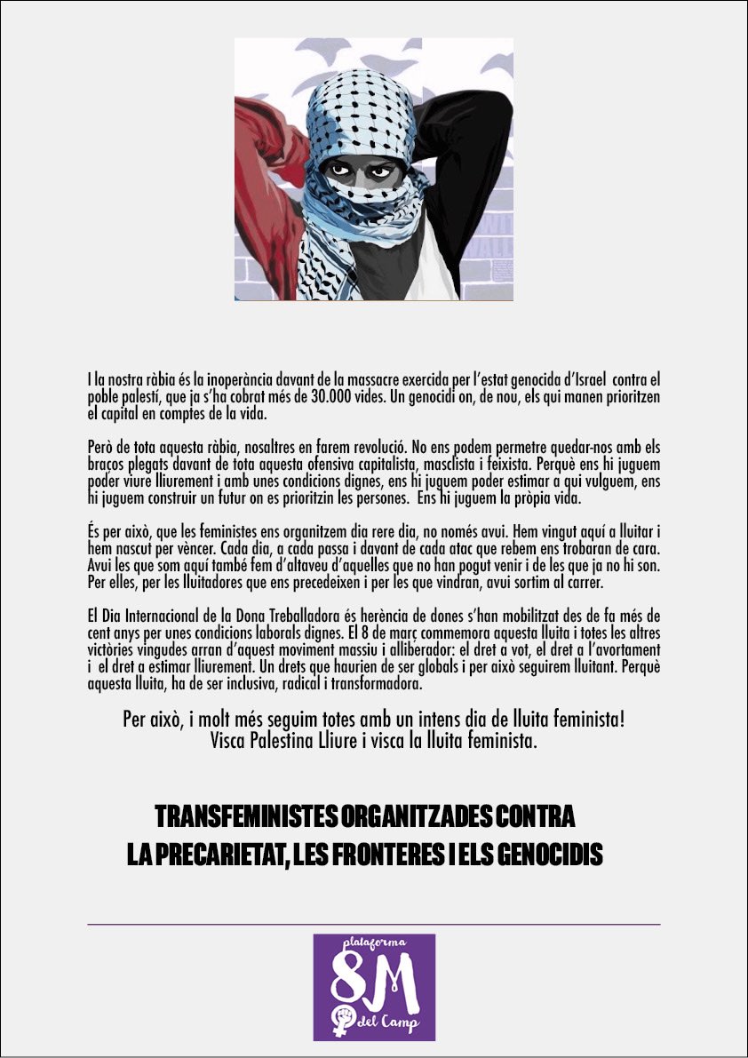 Aquest #8M tornem a omplir els carrers de feminisme. Davant totes les opressions que seguim patint, FEM DE LA RÀBIA REVOLUCIÓ.

La flama de la lluita per superar les desigualtats i assolir un món millor segueix ben viva.

 #8M2024 #8MCamp #DretAVaga #VagaEstudiantil