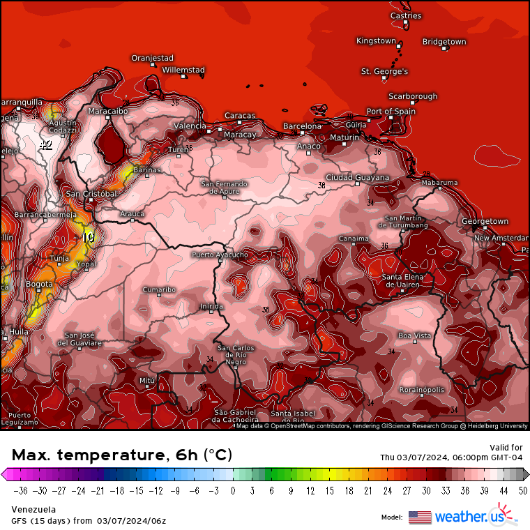 Meteovargas's tweet image. #7Mar Apenas comenzando marzo y ya los modelos de pronósticos sugieren temperaturas máximas en Venezuela pisando los 38-39 °C (fig.1), sobre todo en zonas de Zulia, Falcón, los Llanos, oeste de Anzoátegui y norte de Bolívar. Aunque marzo y abril históricamente han sido los meses…
