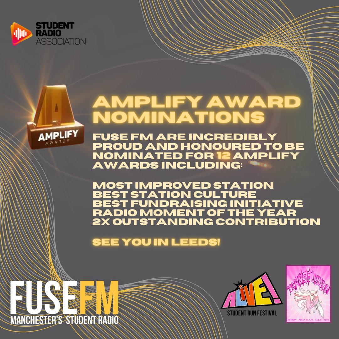 Amplify Award Nominations💫🏆 Fuse FM are incredibly proud and honoured to be nominated for 12 Amplify Awards from the @SRA We cannot wait for the SRA Conference and Amplify Awards in Leeds in April ⚡️