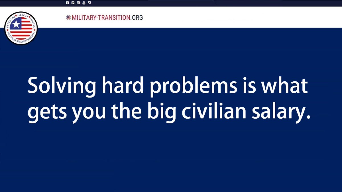 #MilitaryTransition 
Lessons military-transition.org/ebooks 
#military #veterans #militaryfamily #army #navy #airforce #marines #coastguard #sforce #VeteranAdvice #VetRoadMap #missiontransition #VetResources #MilitaryEmployment #America