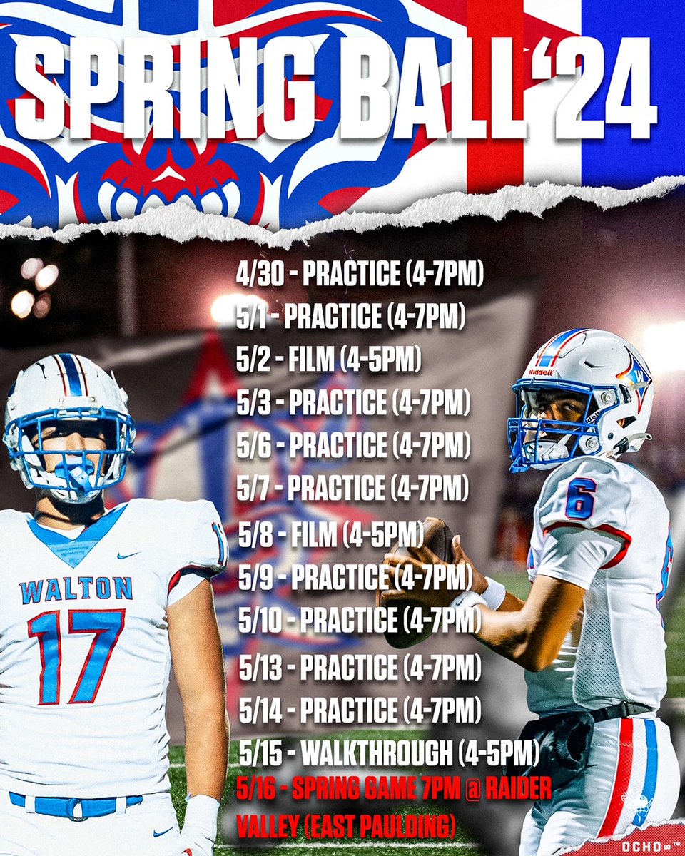 2024 <a href="/WaltonRecruits/">Walton(GA)Recruiting</a> SPRING SCHEDULE!

Region 5 - Class 7A <a href="/OfficialGHSA/">GHSA</a>

HC: <a href="/coachdbrunner/">Daniel Brunner</a> #BallDownBallOut

Hudl: hudl.com/team/v2/3660/t…