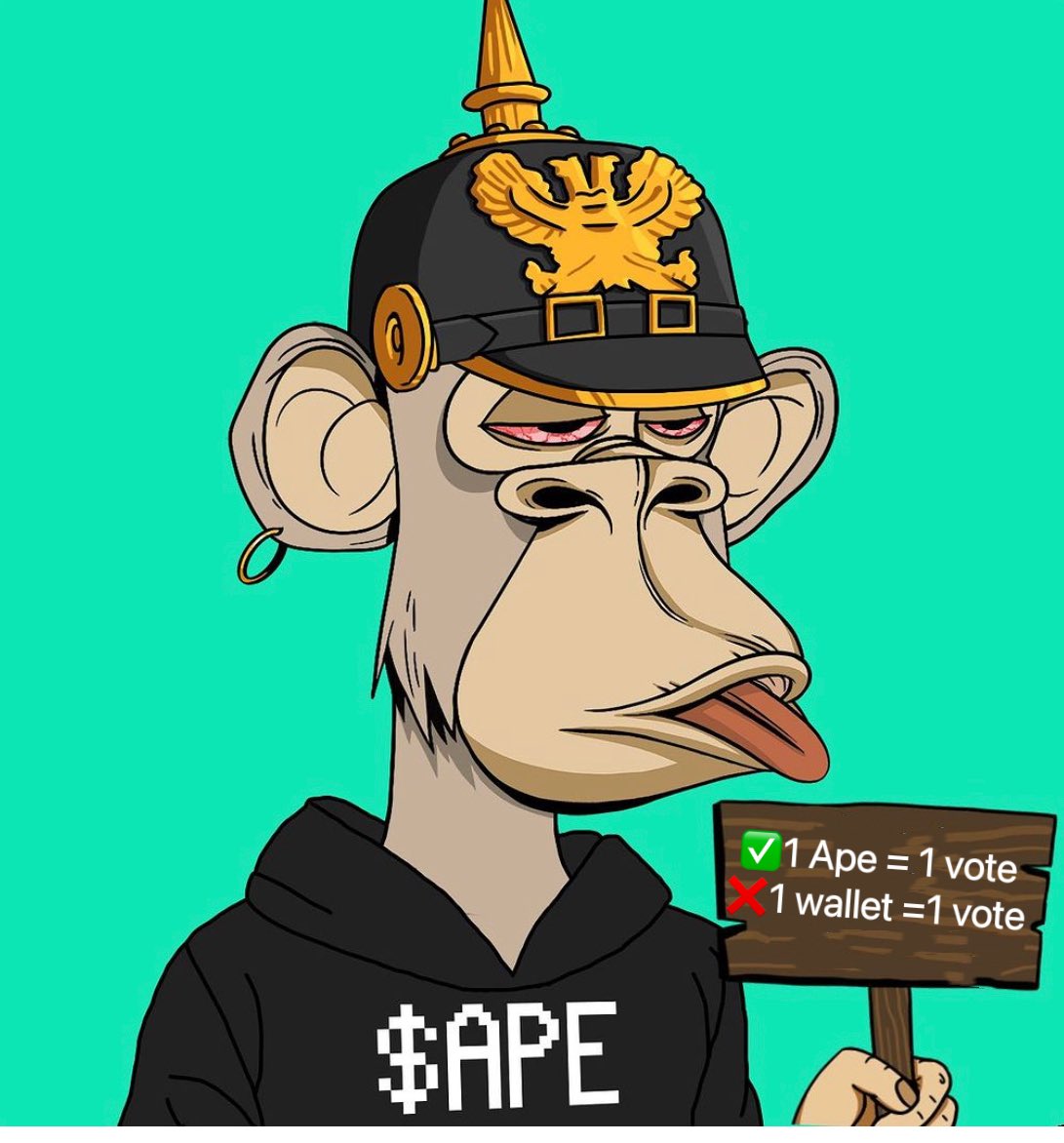 I love @BoredApeYC and I have suggestions for @BaycCouncil ✅1 Ape = 1 vote ❌1 wallet =1 vote Why every BAYC/MAYC/BAKC do not have their own right? I got 500+ BAYC/MAYC support this week.They have more than 1 Ape in the wallet.They said they love Ape,so they hold and buy