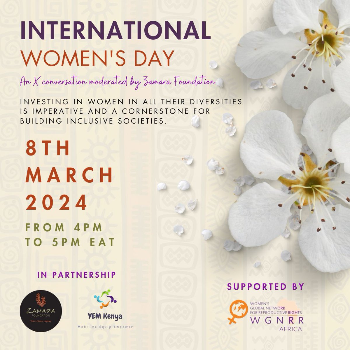 Join us as celebrate International women's day. From 4_5pm We will be engaging in an insightful  discussion.
#Invest4Equality
#zamaravoices #VoicesAgainstFGMKe
@Zamara_fdn @YEMKenya@wgnrr_africa