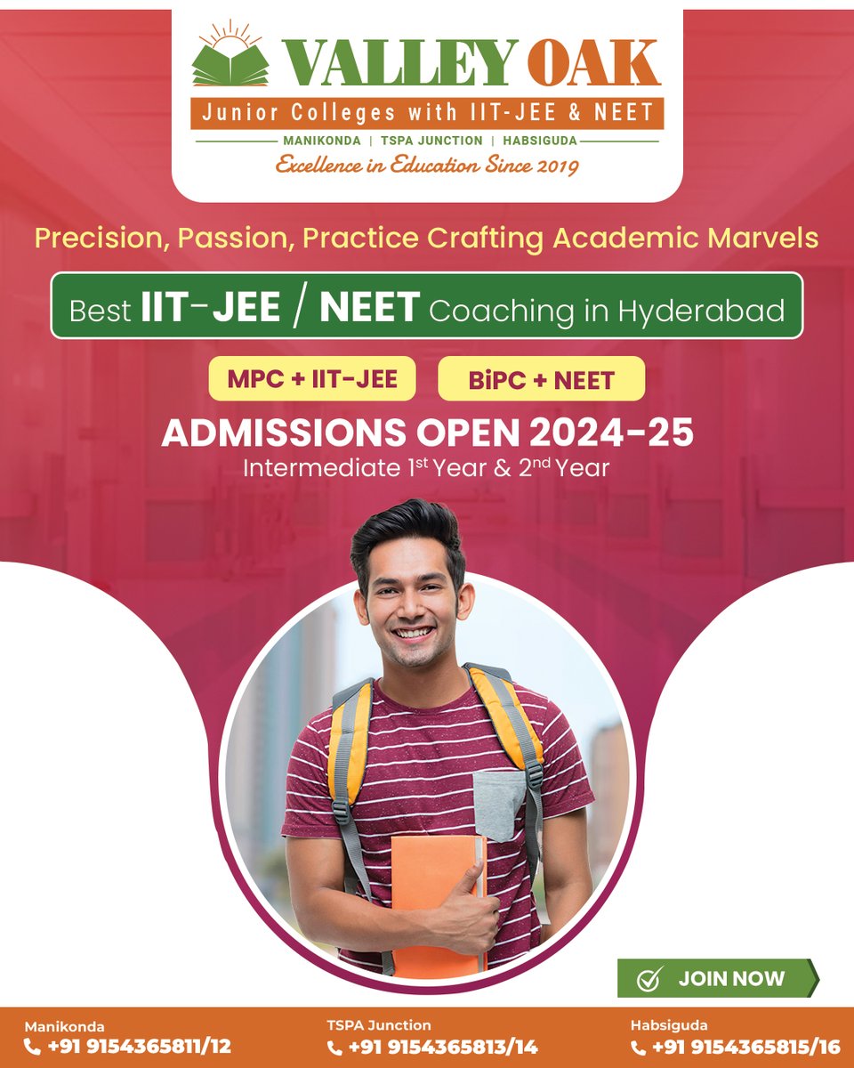 Aiming for #IITJEE or #NEET? Unlock your potential with #ValleyOakJuniorCollege, Hyderabad's BEST Coaching!

#Coaching #Hyderabad #Education #AdmissionsOpen #ValleyOak #EnrollNow #NewBeginnings #Admissions #BestJuniorCollege #ValleyOakSuccess #RegisterNow #AdmissionsOpen2024_25