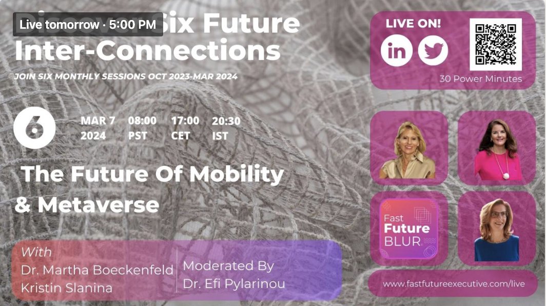 📌 Join us today at 5pm CET for a LinkedIn Live on the intersection of #Mobility & the #Metaverse.

Add to your calendar 👉 lnkd.in/dprNhw9x
#innovation #web3 #efiinsights

@HaroldSinnott @Ronald_vanLoon @stratorob @labordeolivier @Xbond49 @UrsBolt @CurieuxExplorer