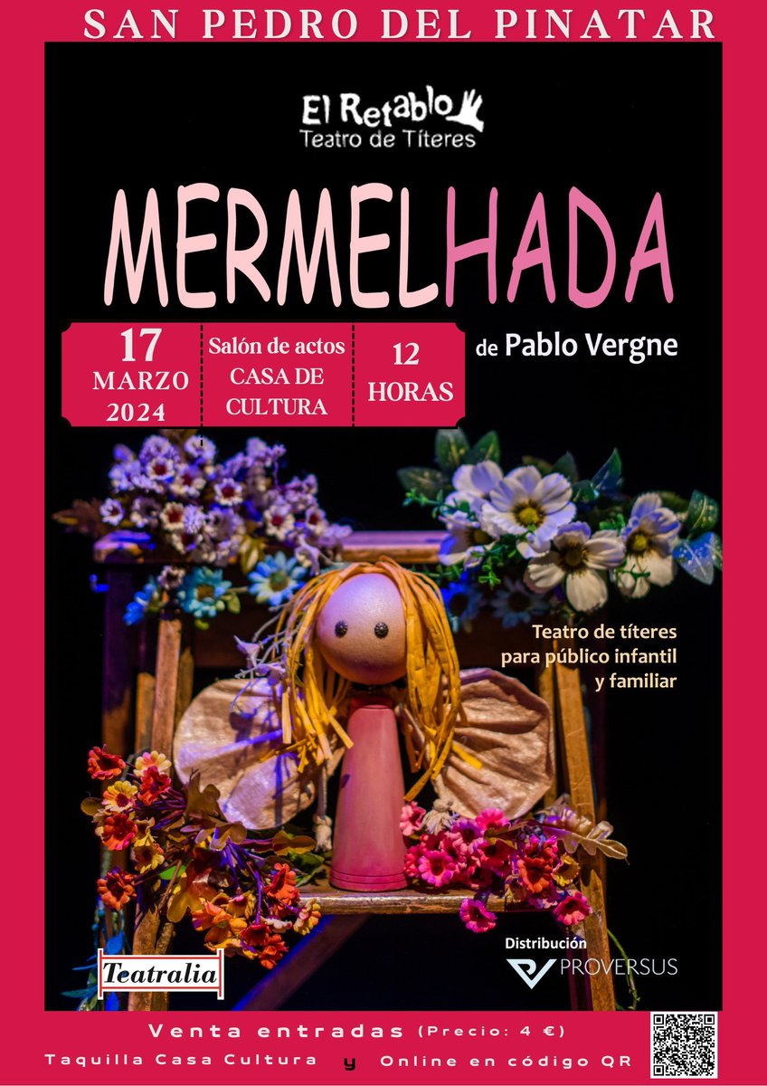 El próximo domingo 17 de marzo visita San Pedro del Pinatar la compañía El Retablo con 'Mermelhaha' ​🧚🏻‍♀️​🧙🏻‍♀️​

Obra que ya pudimos ver en #Titeremurcia2023 y que tanto gustó.

No te pierdas esta oportunidad de descubrirla 🎭​✨