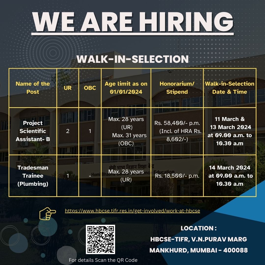 Exciting Opportunities at HBCSE! If you're eligible, don't miss out—Apply now / Walk-in or spread the word! 📢 Explore available positions: hbcse.tifr.res.in/get-involved/w… #Hiring #Jobs #Recruitment #PostdocJobs