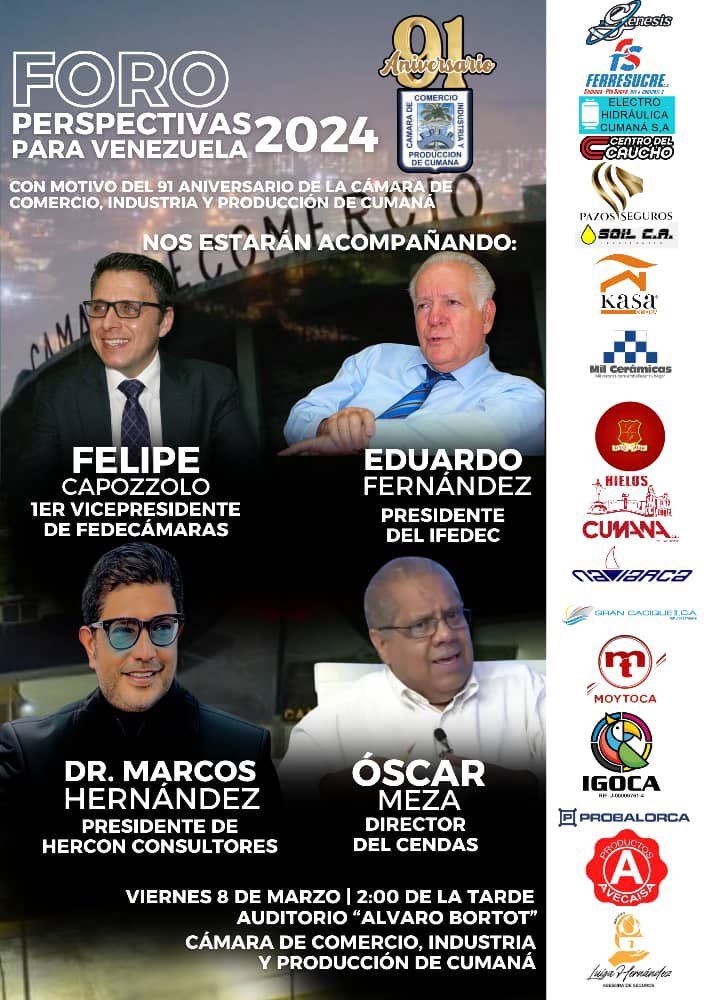 felipecontodo's tweet photo. Este viernes #08mar, estaré participando en el foro: Perspectivas Para Venezuela 2024. 

Hora: 02:00 PM 
Lugar: Auditorio “Alvaro Bortot” Cámara de Comercio, Industria y Producción de Cumaná 

En el marco del 91° aniversario de la @camaradecumana https://t.co/CX67BhbjyR
