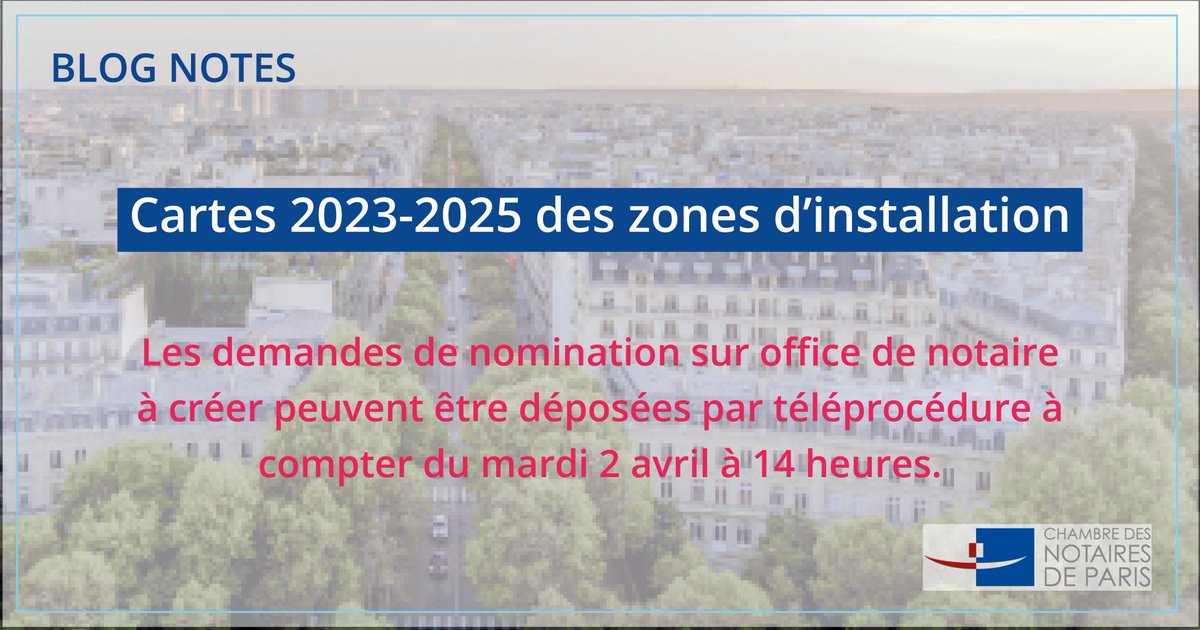 [Carte 2023-2025 des zones d’installation]  Les demandes de #nomination sur office de #notaire à créer peuvent être déposées par téléprocédure à compter du 2 avril à 14h. 👉​ bit.ly/3V70uYv

Accédez à la liste des pièces à déposer 👉​ bit.ly/49En9jd