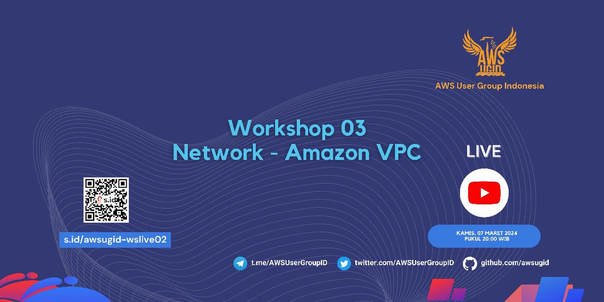 AWSUserGroupID's tweet image. Halo semua!

Jangan lupa nanti malam pukul 20:00 WIB AWS User Group Indonesia akan mengadakan workshop dengan topik Network - Amazon VPC secara live di link s.id/awsugid-wslive…!

Semangat belajar dan sampai bertemu! 💪

#awscommunity #awscloud #awsugid