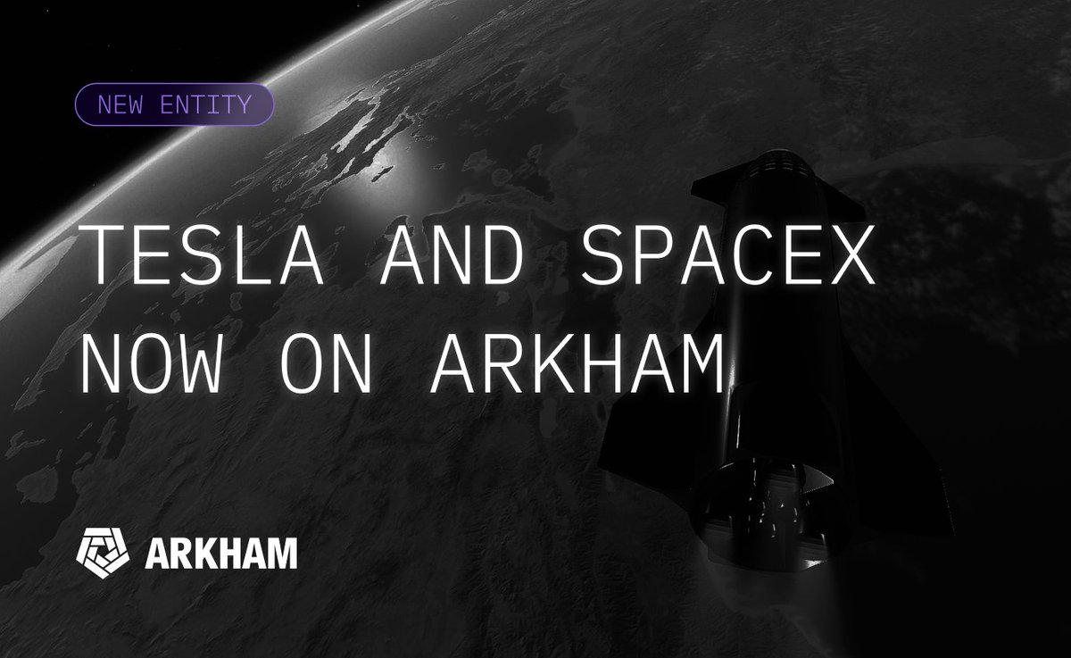 arkham's tweet photo. BREAKING: TESLA & SPACEX ARE NOW ON ARKHAM

Arkham has identified the BTC holdings of Tesla and SpaceX. We are the first to publicly identify these holdings on chain.

We believe Tesla currently holds 11.51K BTC ($780M) across 68 addresses, and SpaceX holds 8.29K BTC ($560M) across 28 addresses.