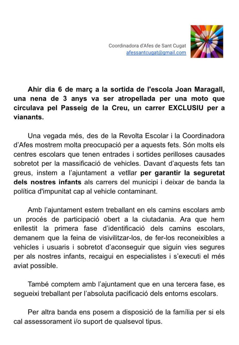 Des de la Revolta Escolar i la Coordinadora d’Afes instem a l’ajuntament a vetllar per garantir la seguretat dels nostres infants als carrers del municipi.

<a href="/ajsantcugat/">Aj. Sant Cugat</a> <a href="/affac_cat/">aFFaC</a>