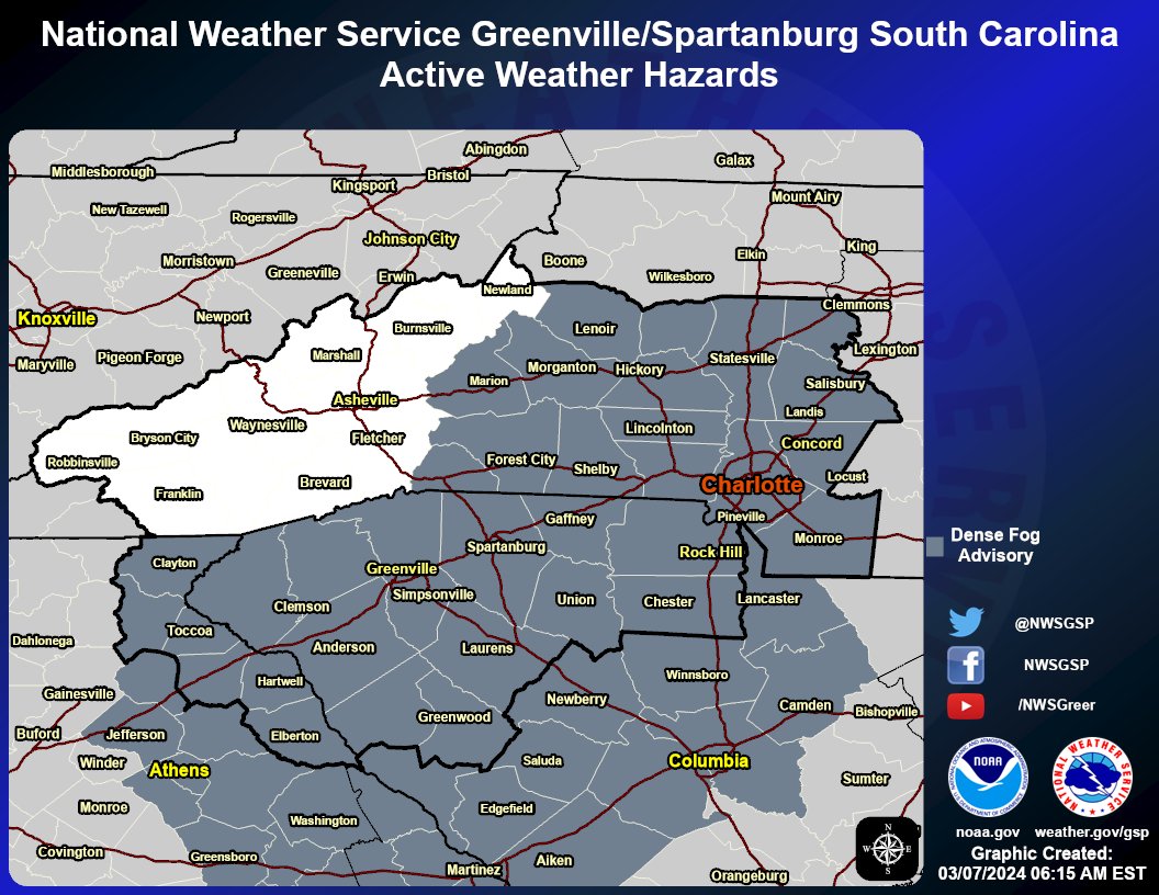 A Dense Fog Advisory is in effect until 9 AM this morning. Visibility one quarter mile or less in dense fog. If driving, slow down, use low-beam headlights and fog lamps, and leave plenty of distance ahead of you. #scwx #ncwx #gawx