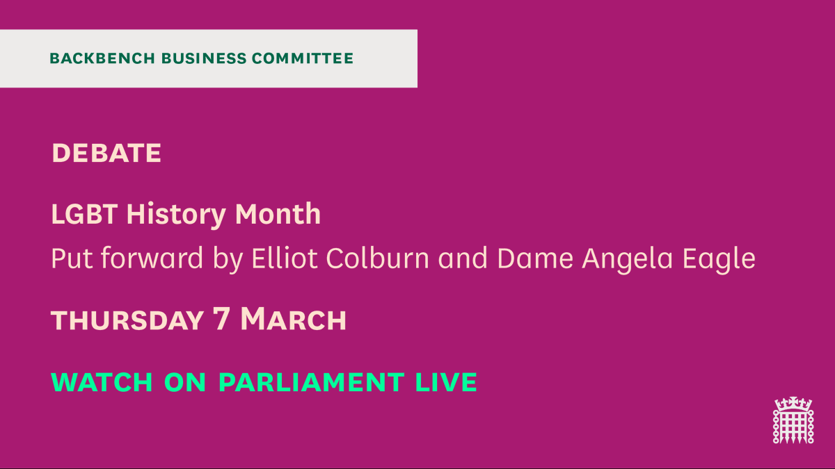 In Westminster Hall at 1.30pm, MPs are holding a debate on LGBT History Month, put forward by @ElliotColburn and @angelaeagle. Read the @commonslibrary debate pack 📗 commonslibrary.parliament.uk/research-brief… Watch on Parliament live📺 parliamentlive.tv/Event/Index/80…