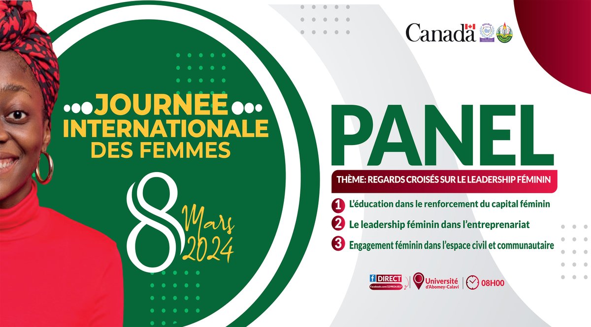Ce #8mars, avec @CanadaauBenin, nous organisons un panel sur le thème : 'Regards croisés sur le leadership féminin'. Ce rendez-vous a lieu à partir de 8h00 à l'Université d'Abomey-Calavi. L'événement ce sera également en live sur notre page Facebook. #roajelf229 #JIF2024