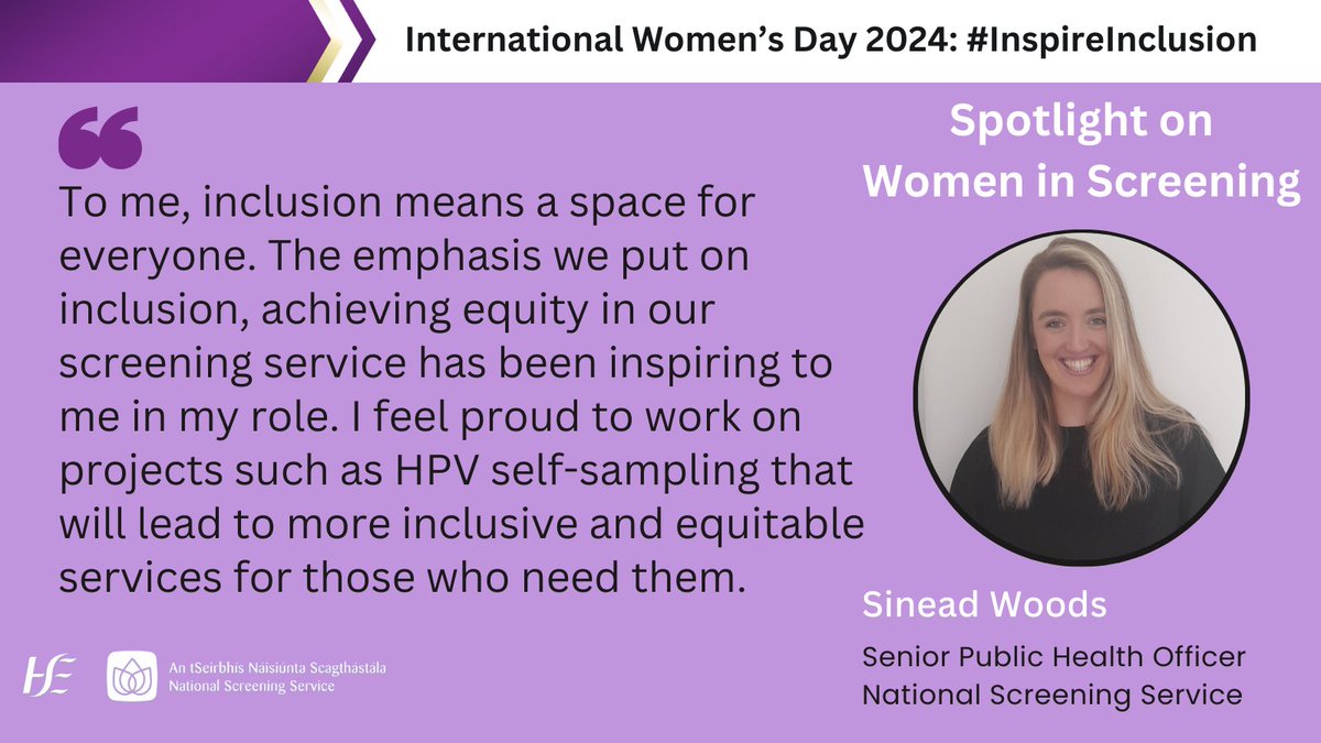 Our Senior Public Health Officer @SineadWoods4 is inspired by our work to achieve equity in #screening. 'To me, inclusion means a space for everyone.' #InspireInclusion #InternationalWomensDay #IWD2024 #ChooseScreening