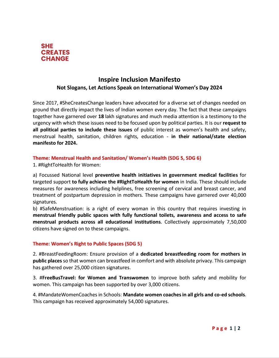 WiselyZero's tweet photo. These are 10 points across themes of #safemenstruation women's #righttopublicspaces #childrights #mentalhealth #righttoinclusiveeducation that are showcased in our #InspireInclusion Manifesto.
#WomensDay2024
Seek the support of ALL POLITICAL PARTIES! @INCIndia
@BJP4India https://t.co/sMR5yJlrtT