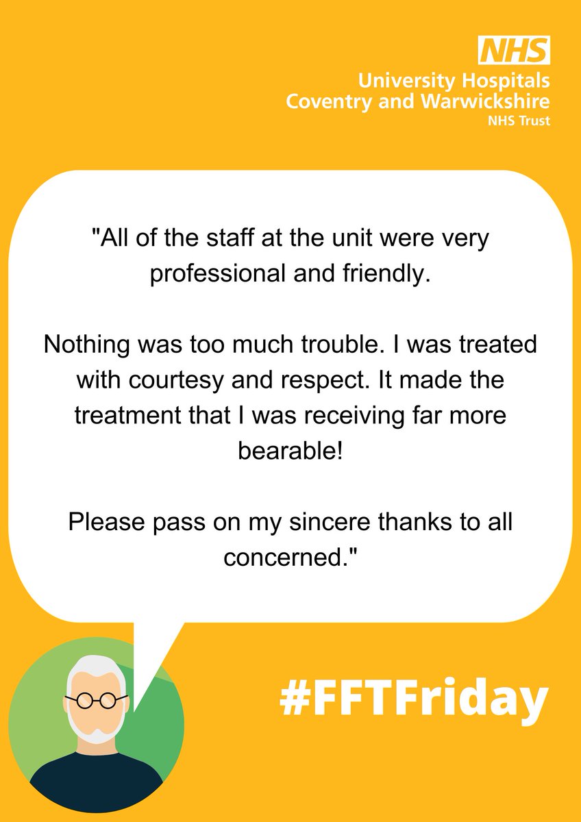 @UHCW_PatientExperience (@uhcwpatientexp) on Twitter photo Our next #FFTFriday visit this week is to the Rugby Endoscopy Unit <a href="/nhsuhcw/">UHCW NHS Trust</a>.
This patient wanted to pass on their sincere thanks to the professional and friendly staff that made their treatment far more bearable.
#WhatMattersToYouMattersToUs #FFTFriday Our next #FFTFriday visit this week is to the Rugby Endoscopy Unit <a href="/nhsuhcw/">UHCW NHS Trust</a>.
This patient wanted to pass on their sincere thanks to the professional and friendly staff that made their treatment far more bearable.
#WhatMattersToYouMattersToUs #FFTFriday