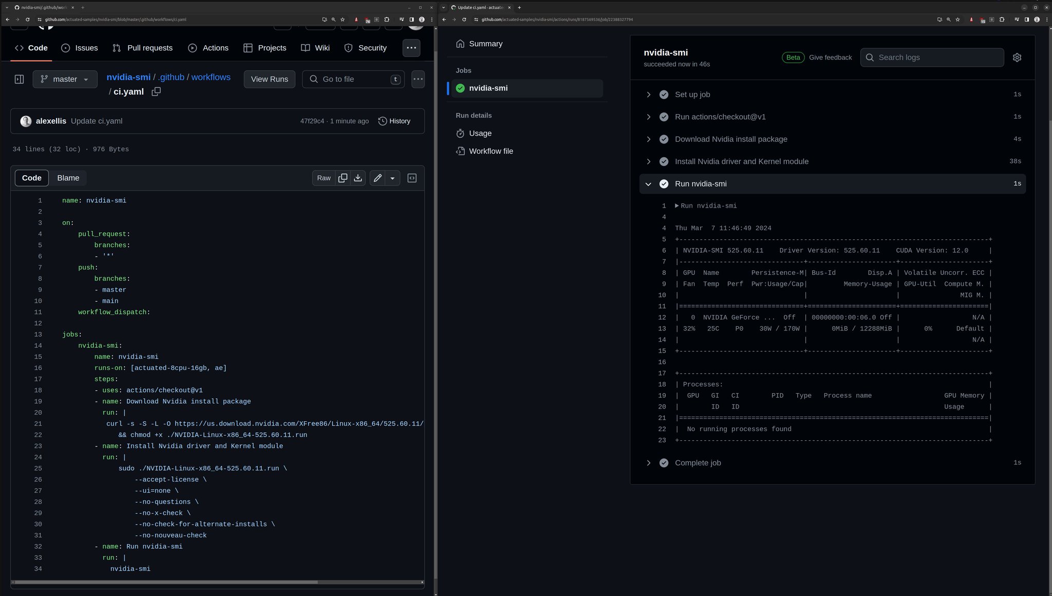 The first run of nvidia-smi