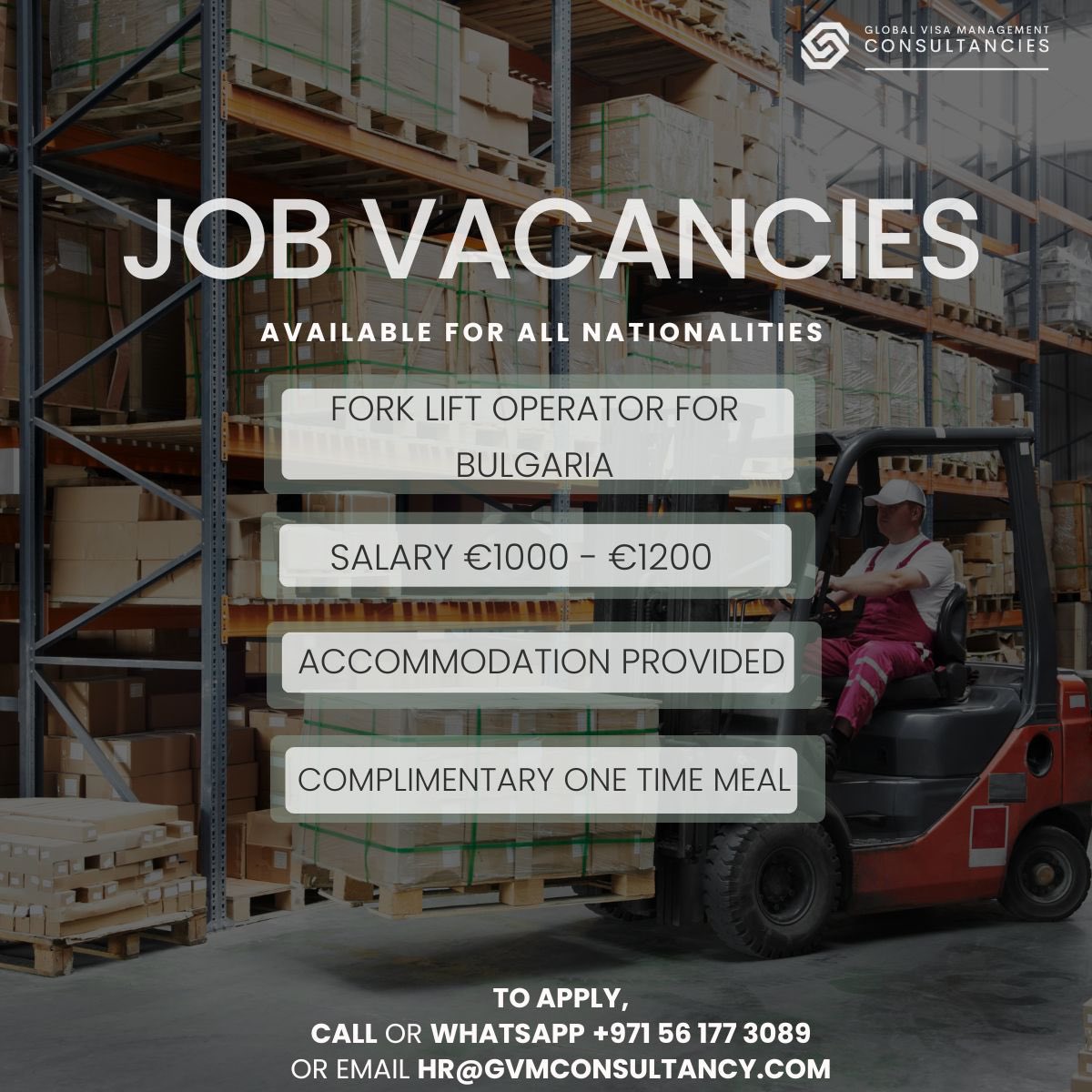 gvmconsultancy's tweet photo. 📢 GVMC is on the lookout for Forklift Operators!

The essentials:

- Previous experience operating forklifts
- Proficiency in Basic English
- Strong attention to detail

Call/WhatsApp on +971 56 177 3089
Email at hr@gvmconsultancy.com

#gvmc #forkliftoperators #jobopportunities https://t.co/MMKfWEaklD