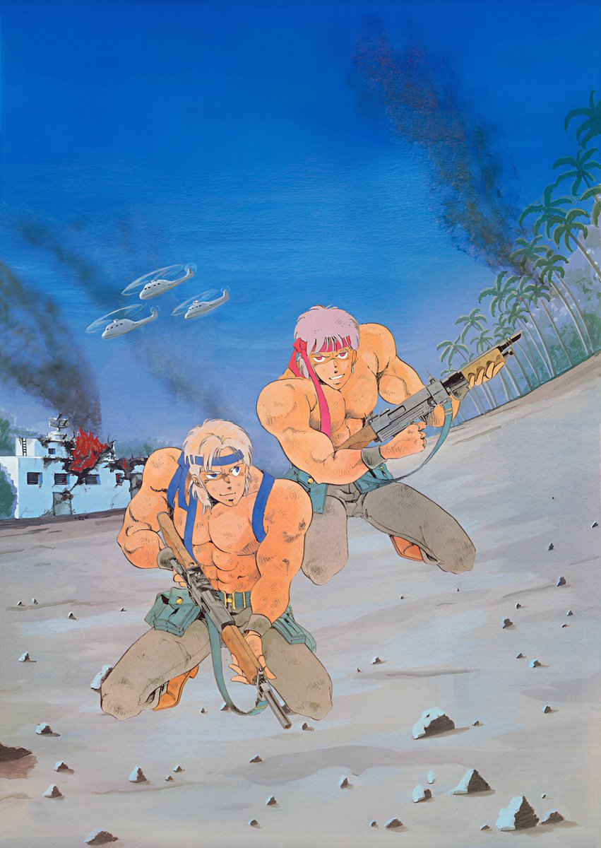 peachflavor3d's tweet image. My attempt to restore the artwork of #IkariWarriors by Yoshihisa Tagami used on the cover of the #Famicom release in Japan, as well as for promotional ads. Usual upscale/clean/retouch process applied with logo/text removal and some liberties taken.