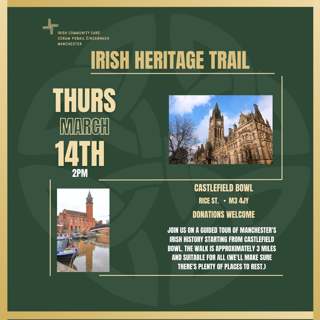 Don't miss out on this! Plenty of stops and accessible to those of all walking abilities Jordan's tour captures and explains the unique heritage, history, and culture of the Irish in Manchester. See you there👀