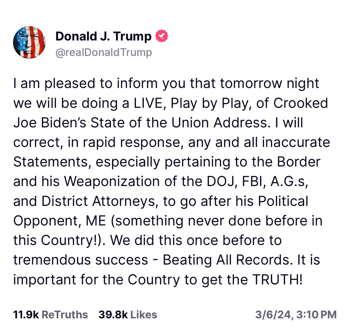 🚨🚨 TONIGHT IS THE STATE OF THE UNION ADDRESS🚨🚨 President Trump said he will be doing a LIVE, Play by Play of Crooked Joe Biden’s State of the Union Address.” This is going to be amazing. I can’t wait to watch this tonight. 😍