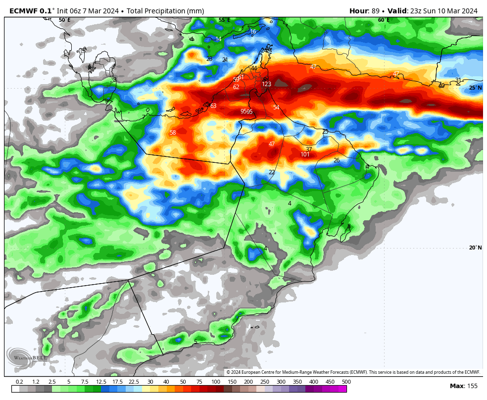 تحديث! توقعات تراكم هطول الأمطار بمشيئة الله تعالى من النموذج الأوروبي 06z حتى الأحد القادم والله أعلم #اخدود_الريان