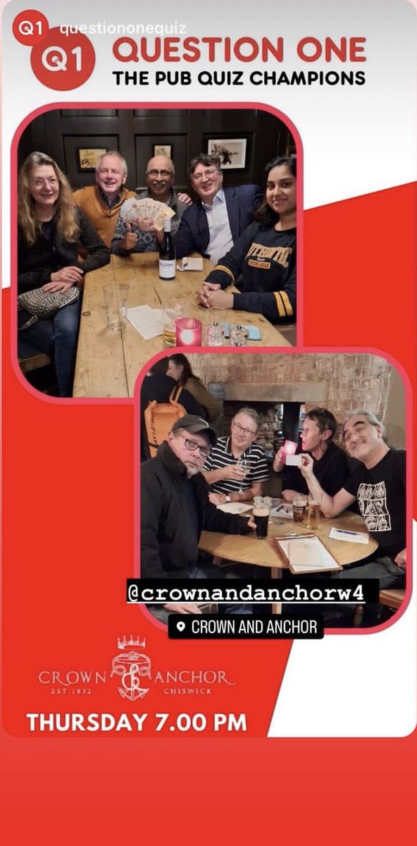 Tonight’s Quiz - at Crown and Anchor. 
-8pm start 
-£2 person (6per team) 
- burger drink menu
£50 tab + cash jackpot chance! 

Book now at crownandanchorchiswick.co.uk