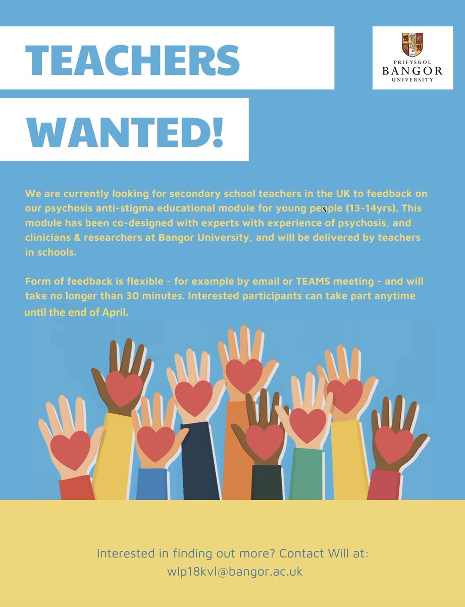a_krayer's tweet image. Looking for secondary school teachers to feedback on our #codesigned #antistigma #psychosis module for young people (13-14yrs) delivered by teachers in school. Flexible ways to feedback wlp18kvl@bangor.ac.uk –  @GwEGogleddCymru @CFMHAS1 @PsychBangor @ncmh_wales